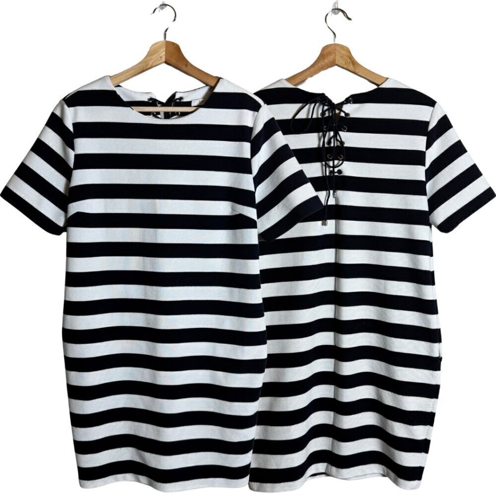 FRNCH Striped Shift Mini Dress Women's M/L Navy White Fisherman Nautical Ribbed